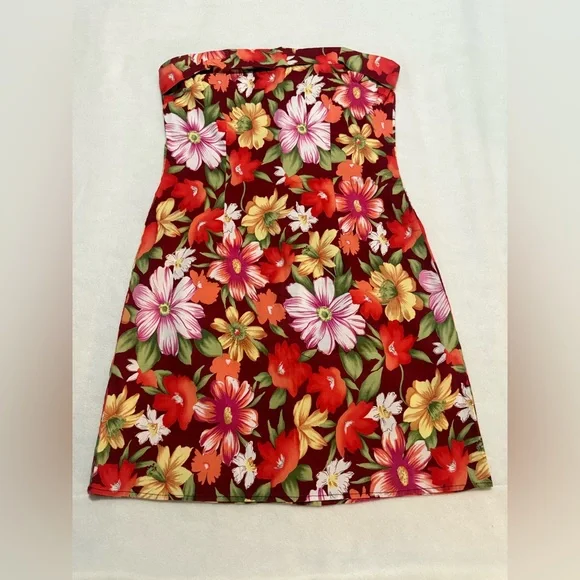 575 Dresses | Multicolor Strapless Hawaiian Flower Print Zip Up Bodycon Mini Dress | Color: Pink/Yellow | Size: M | Pm-87581776's Closet